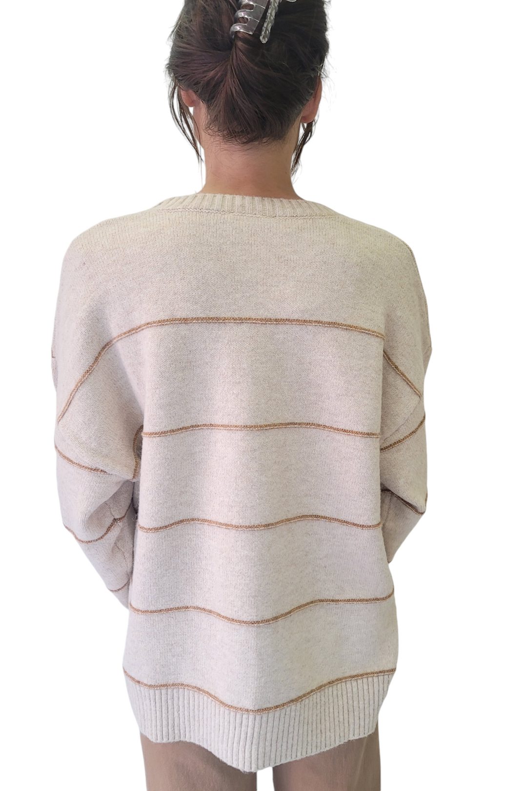 Taupe Multi Striped Pattern Drop Shoulder Sweater