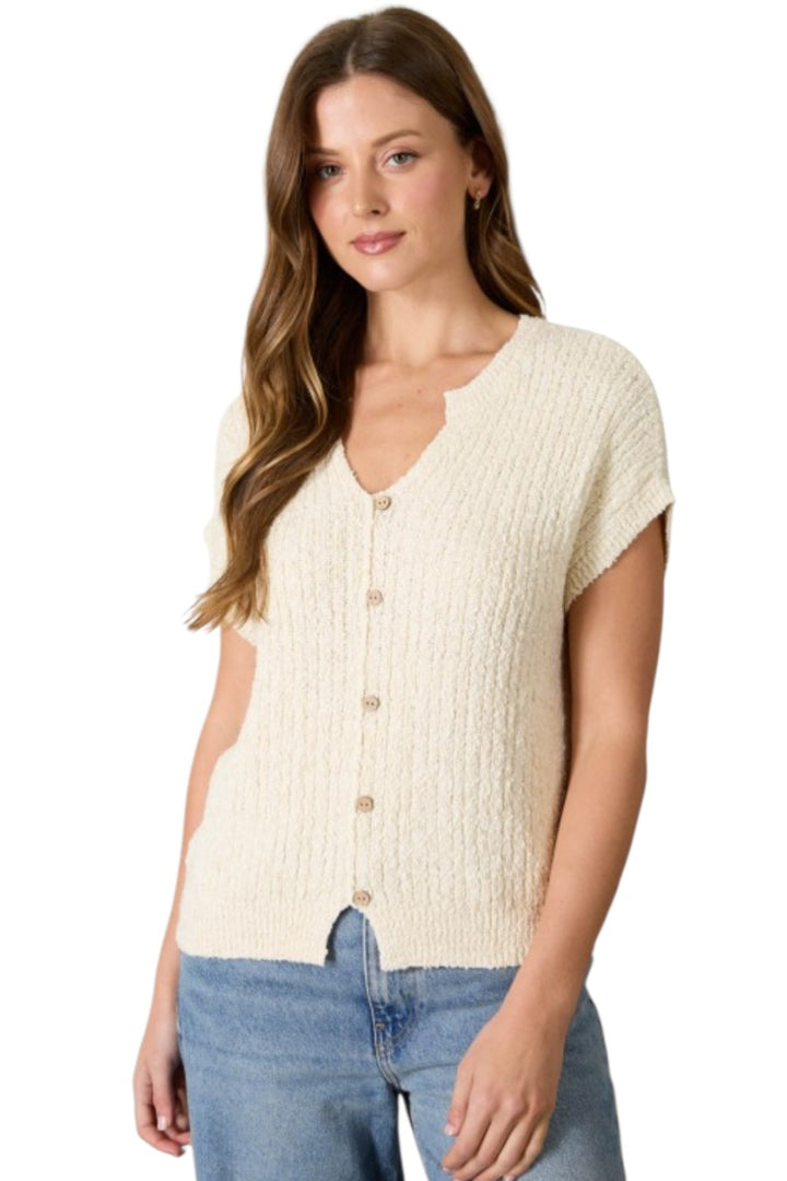 Cream Cozy Short Sleeve Button Down Knit Sweater