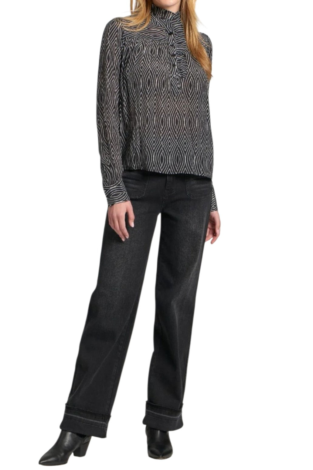 APNY Black& White Geometric Ruffle Half Placket Blouse