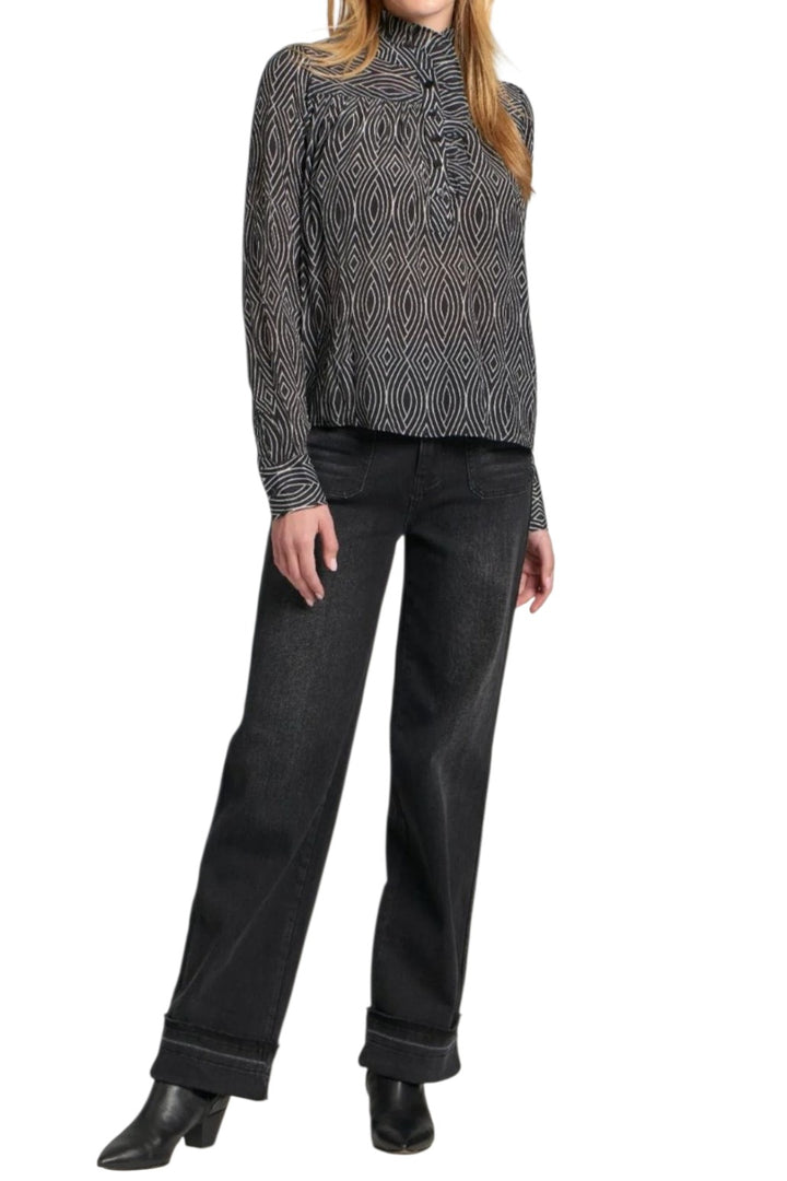 APNY Black& White Geometric Ruffle Half Placket Blouse