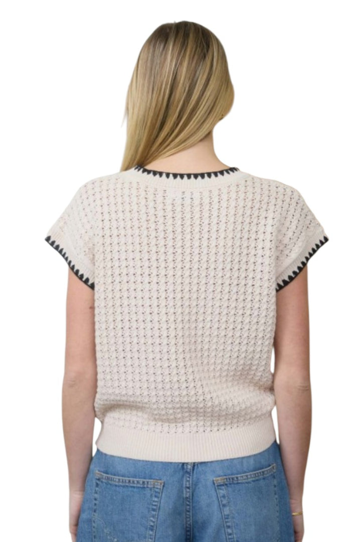 Cream Contrast Trim Short Sleeve Knit Sweater