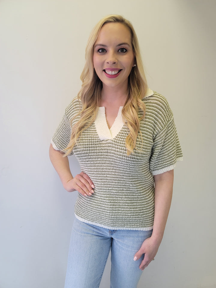 Sage Green Striped Boucle Lightweight Collared Polo Top Sweater