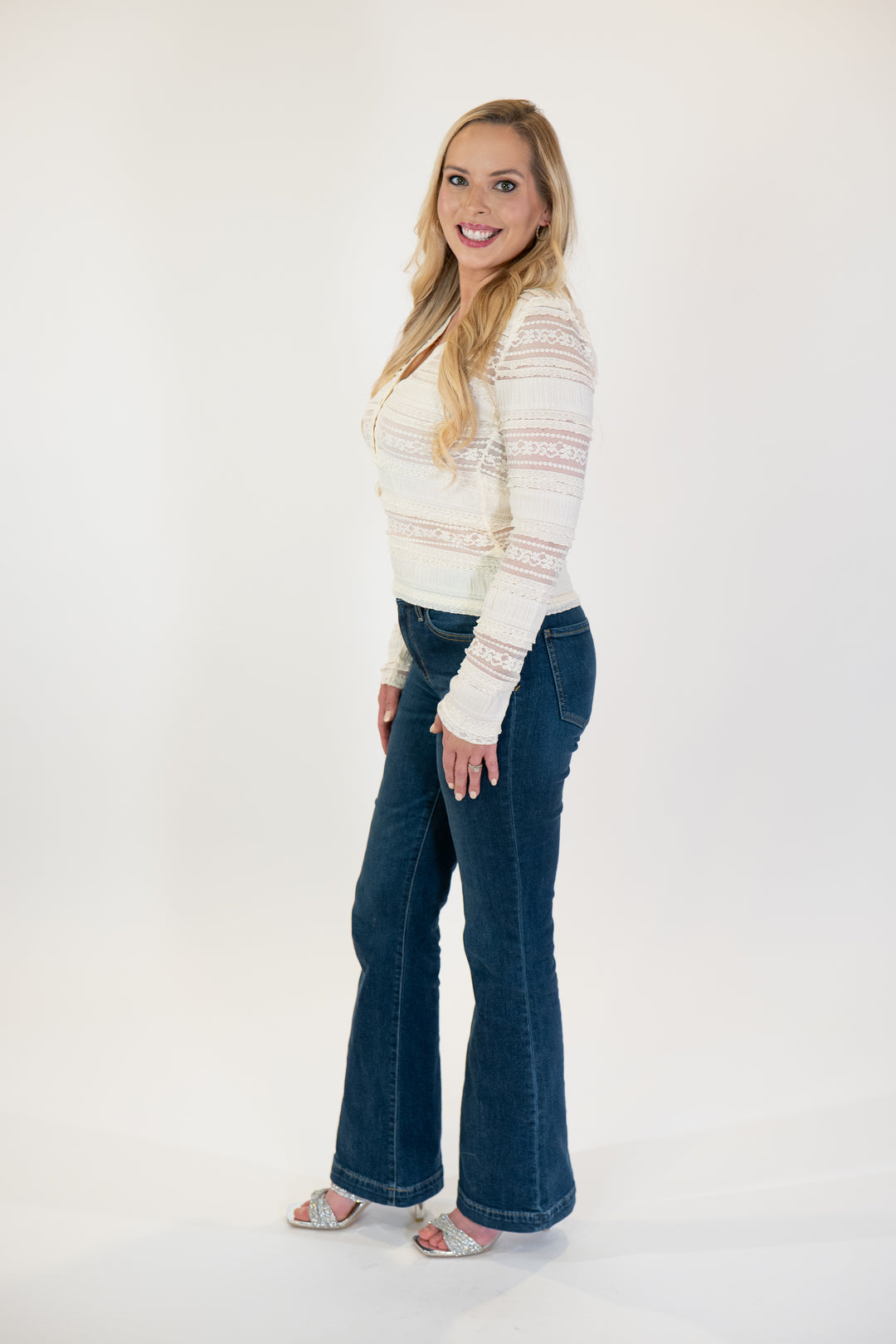 Steve Madden Caterina Cream Lace V-Neck Henley Top