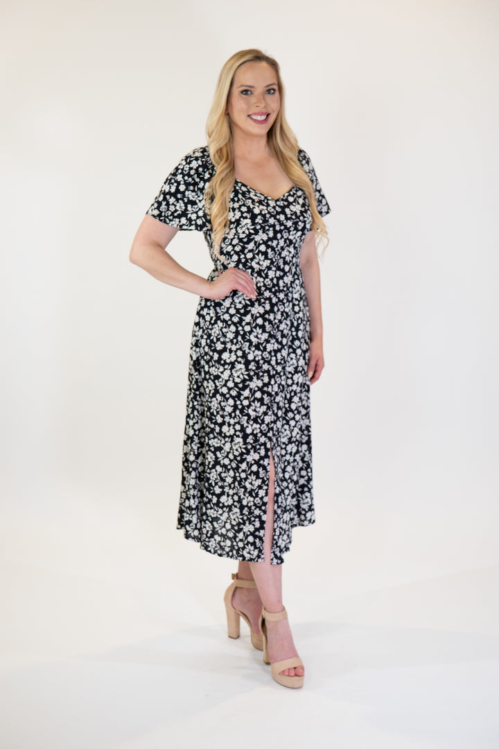 Black & White Floral Flutter Sleeve Midi Dress