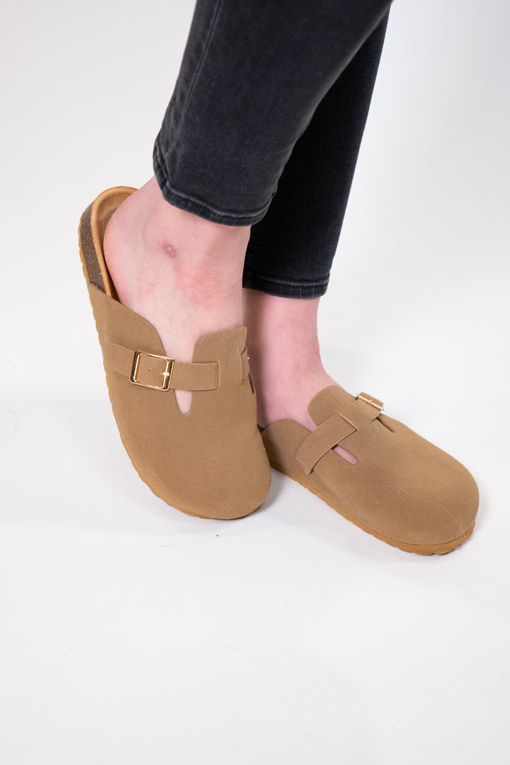 Taupe Suede Gold Buckle Cork Mules