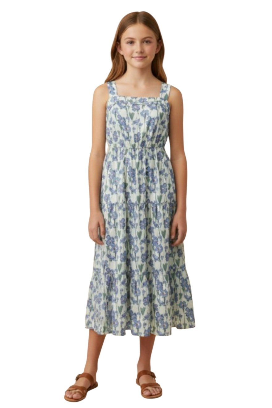 Girls Blue Floral Pleated Poplin Midi Dress