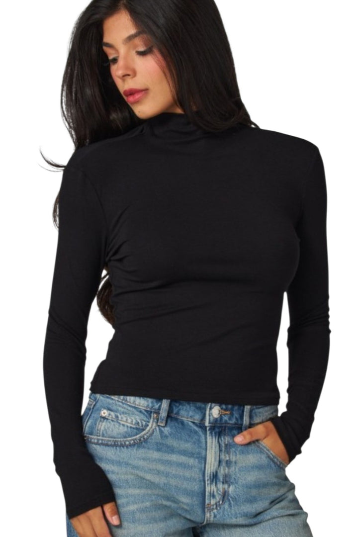 Black Fitted Fine Ribbed Long Sleeve Mockneck