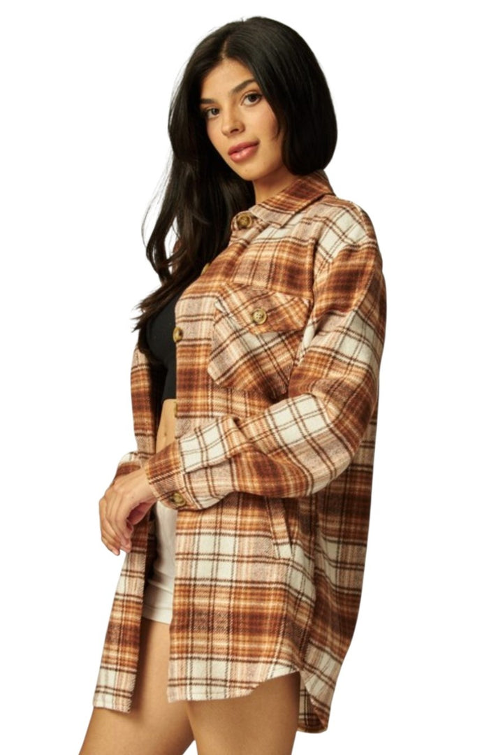 Brown & White Plaid Long Button Flannel Jacket