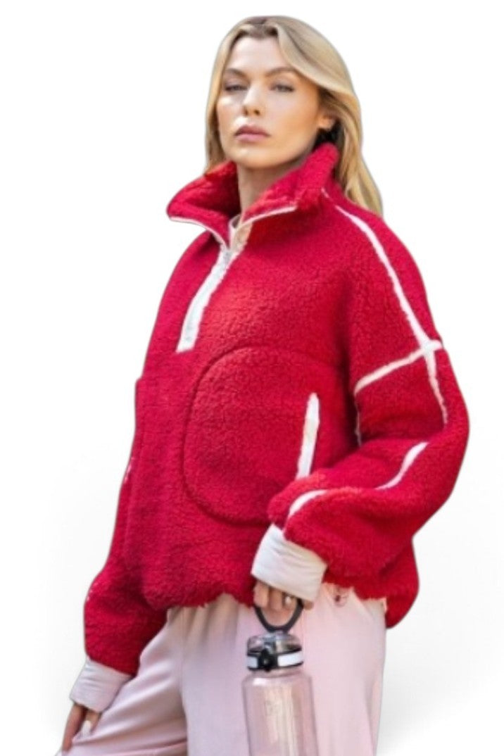 Red & Light Pink Pullover Quarter Zip Sherpa