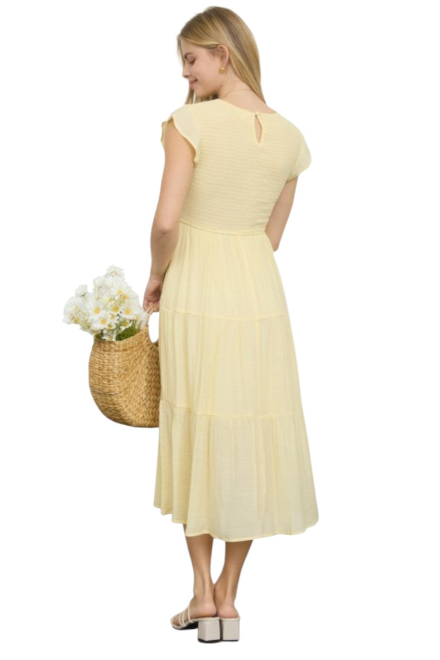 Light Yellow Tiered Smocked Short Sleeve Midi Dress