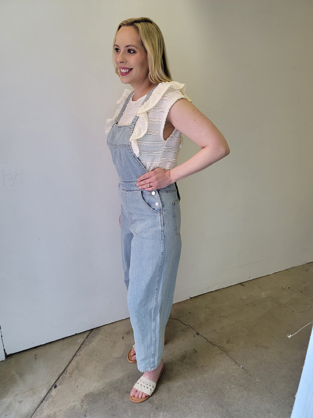 Light Washed Denim Button Strap Overalls