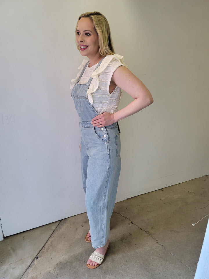 Light Washed Denim Button Strap Overalls