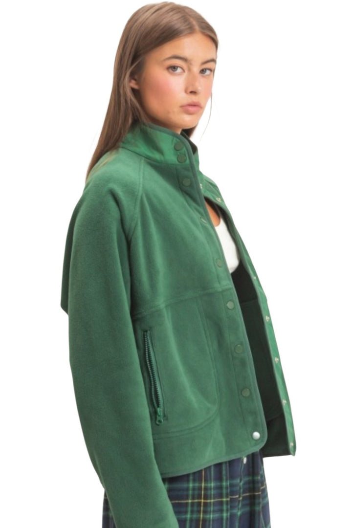Green Mock Neck Fleece Button Jacket