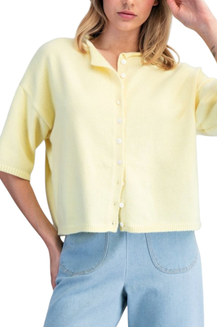Butter Yellow Oversized Button Down Short Sleeve Cardigan