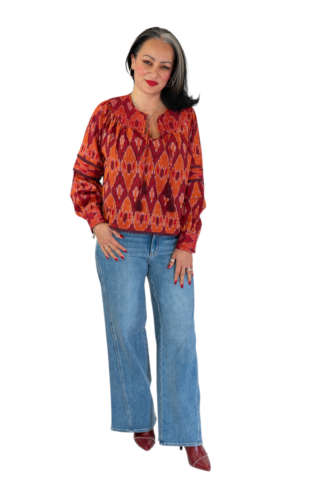 One Collective Spice Diamond Print Averno Quilted Yoke Blouse Top