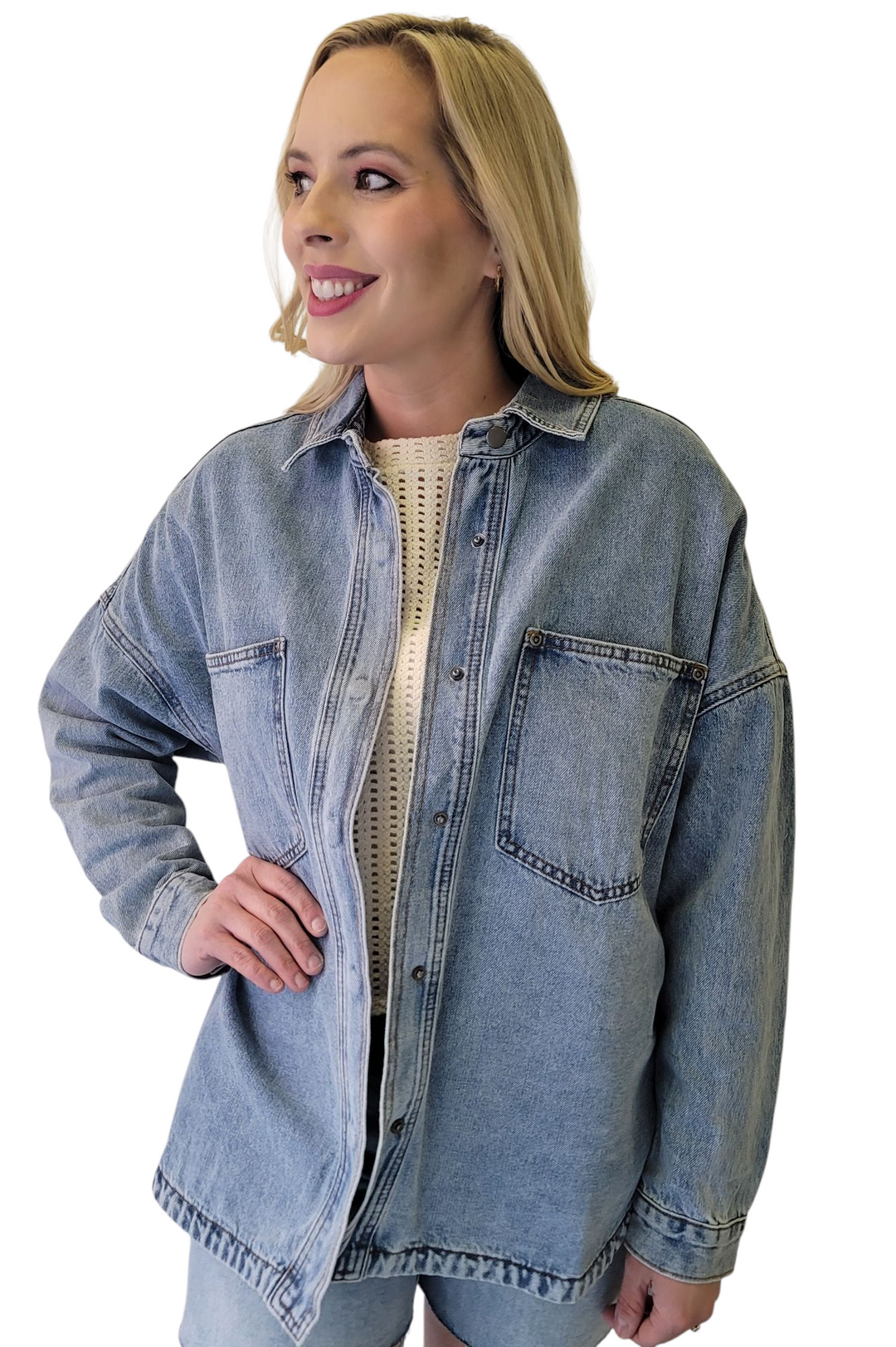 Miou Muse Medium Wash Snap Button Jean Shacket Large