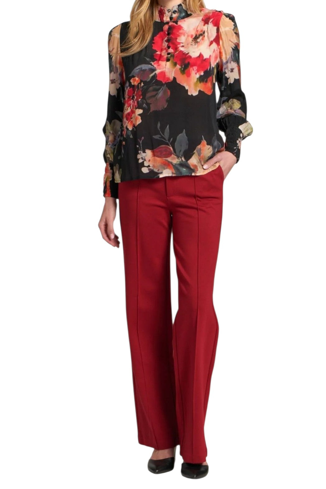APNY Black Red Roses Puff Sleeve Blouse