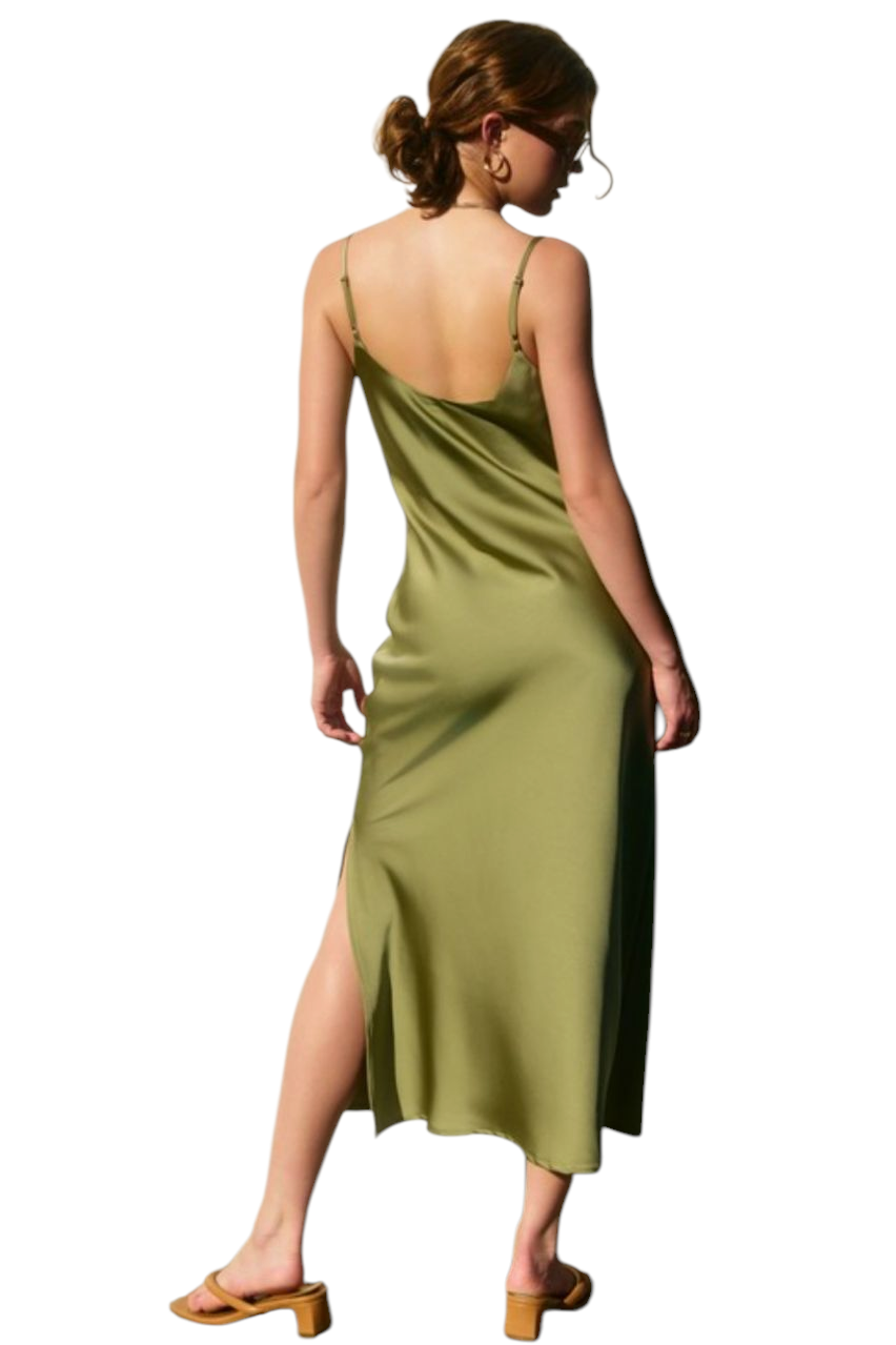 Sage Olive Satin Cowl Neck Midi Dress