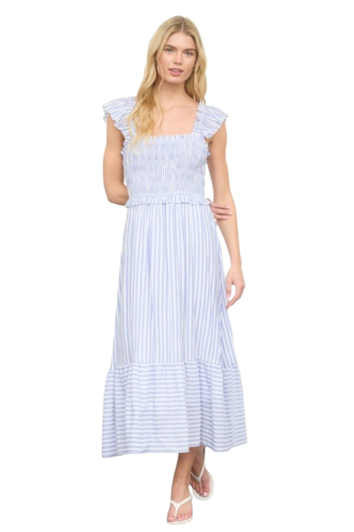 Blue Stripe Smocked Ruffle Trim Midi Dress