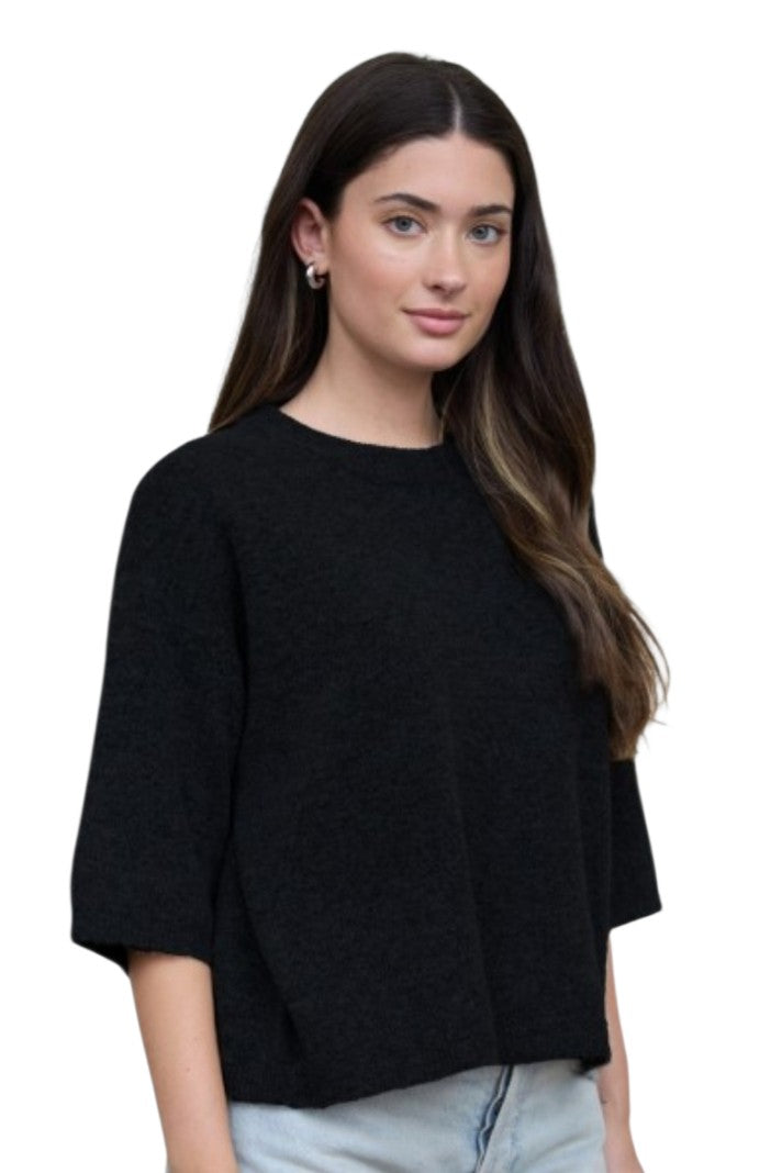 Black Crew Neck Short Sleeve Relaxed Knit Sweater