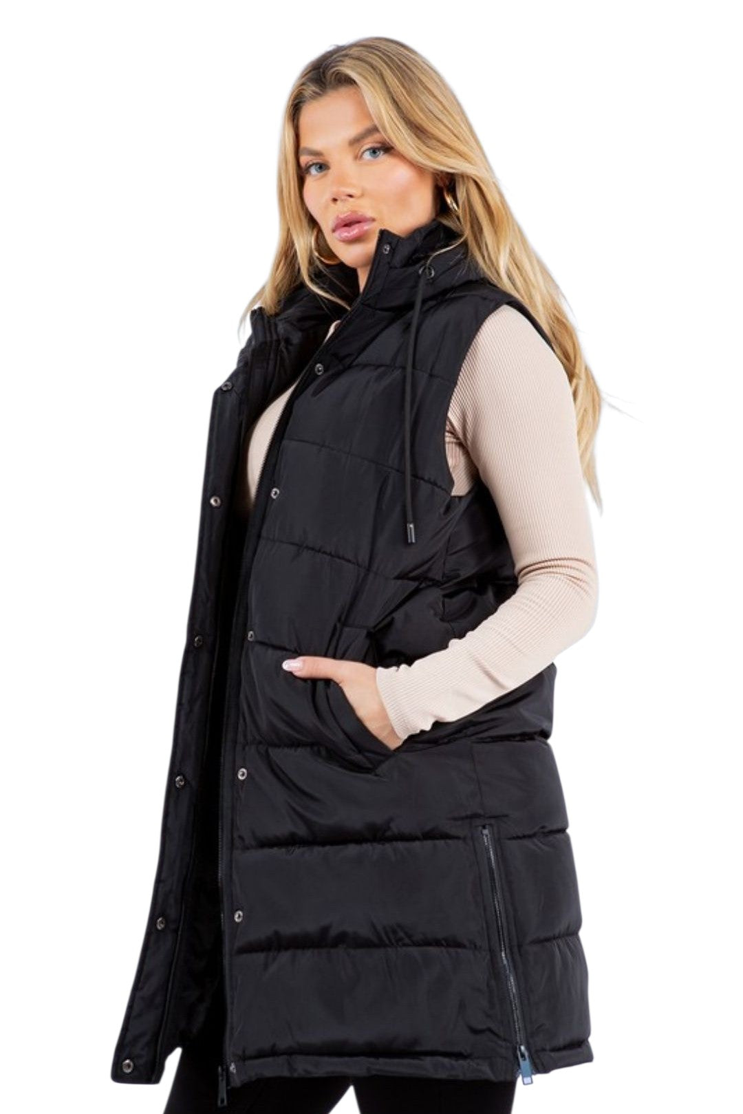 Black Zip-Up Long Puffer Vest