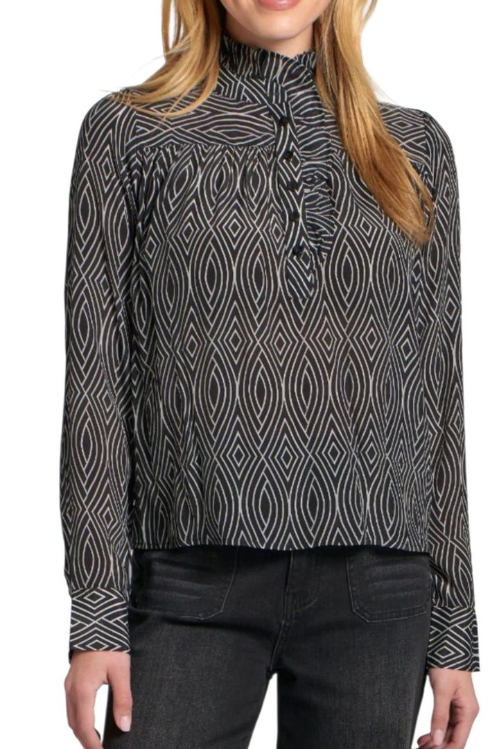 APNY Black& White Geometric Ruffle Half Placket Blouse