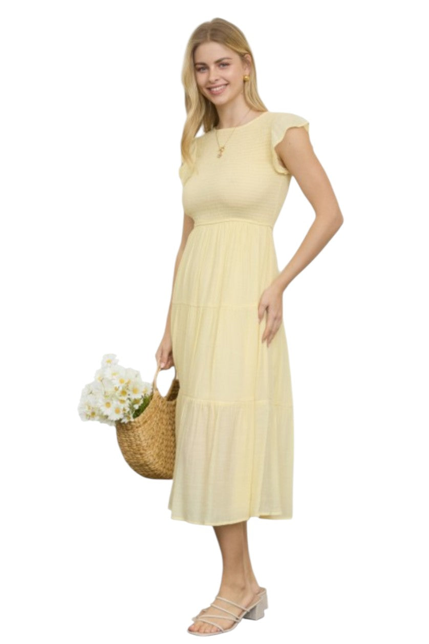 Light Yellow Tiered Smocked Short Sleeve Midi Dress