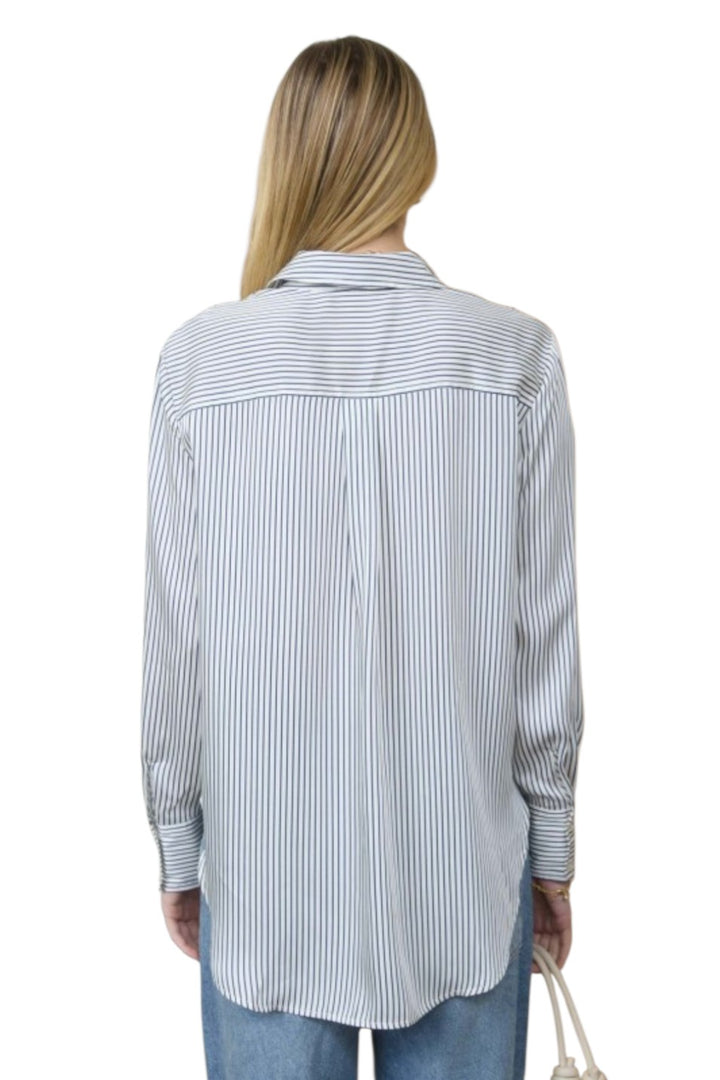Navy Blue Pinstripe Collared Button Down Long Sleeve Shirt