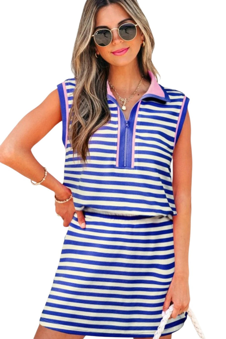 Blue Stripe PinkTrim Soft Modal Collared Top & Skort Set