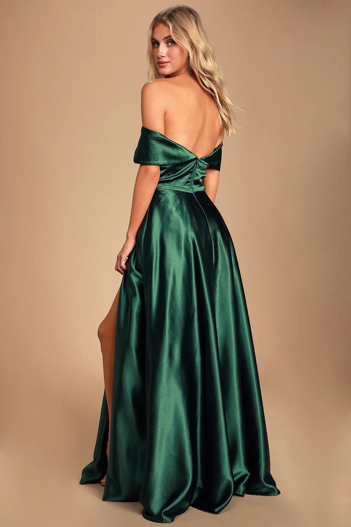 Lulus Forest Green Satin Off The Shoulder Maxi Dress