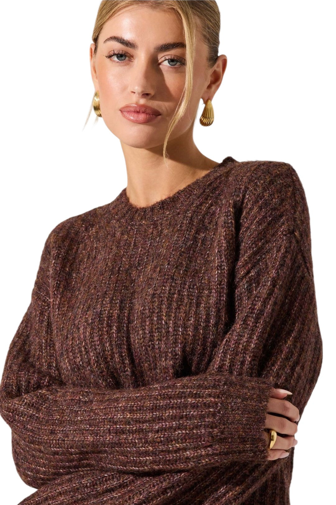 Astr Archer Brown Multi Crewneck Sweater