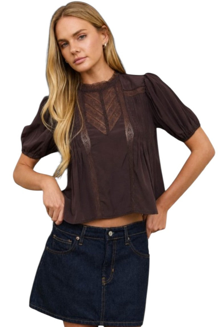 Brown Lace Trim Puff Sleeve Cropped Silky Top