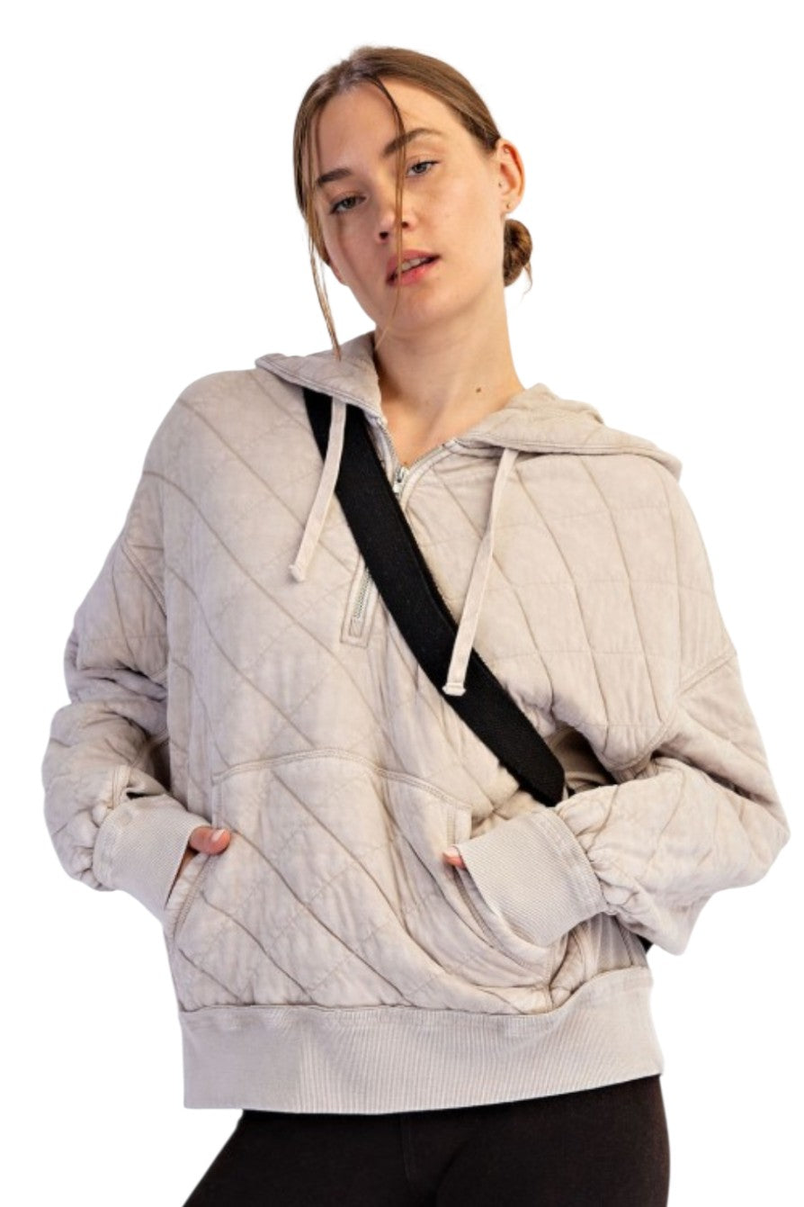 Beige Quilted Mineral Wash Quarter Zip Hoodie