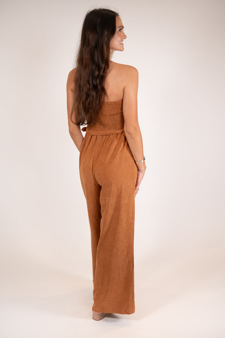 Sadie & Sage Rusty Brown Sundown Tube Top Belted Jumpsuit