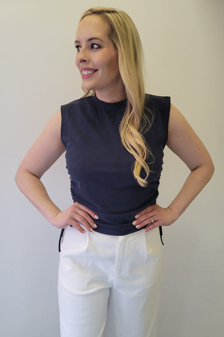 Navy Ruched Side Tie Tank Top