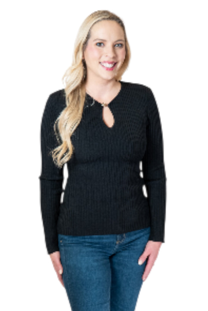 Astr Lynley Black Ribbed Keyhole Sweater