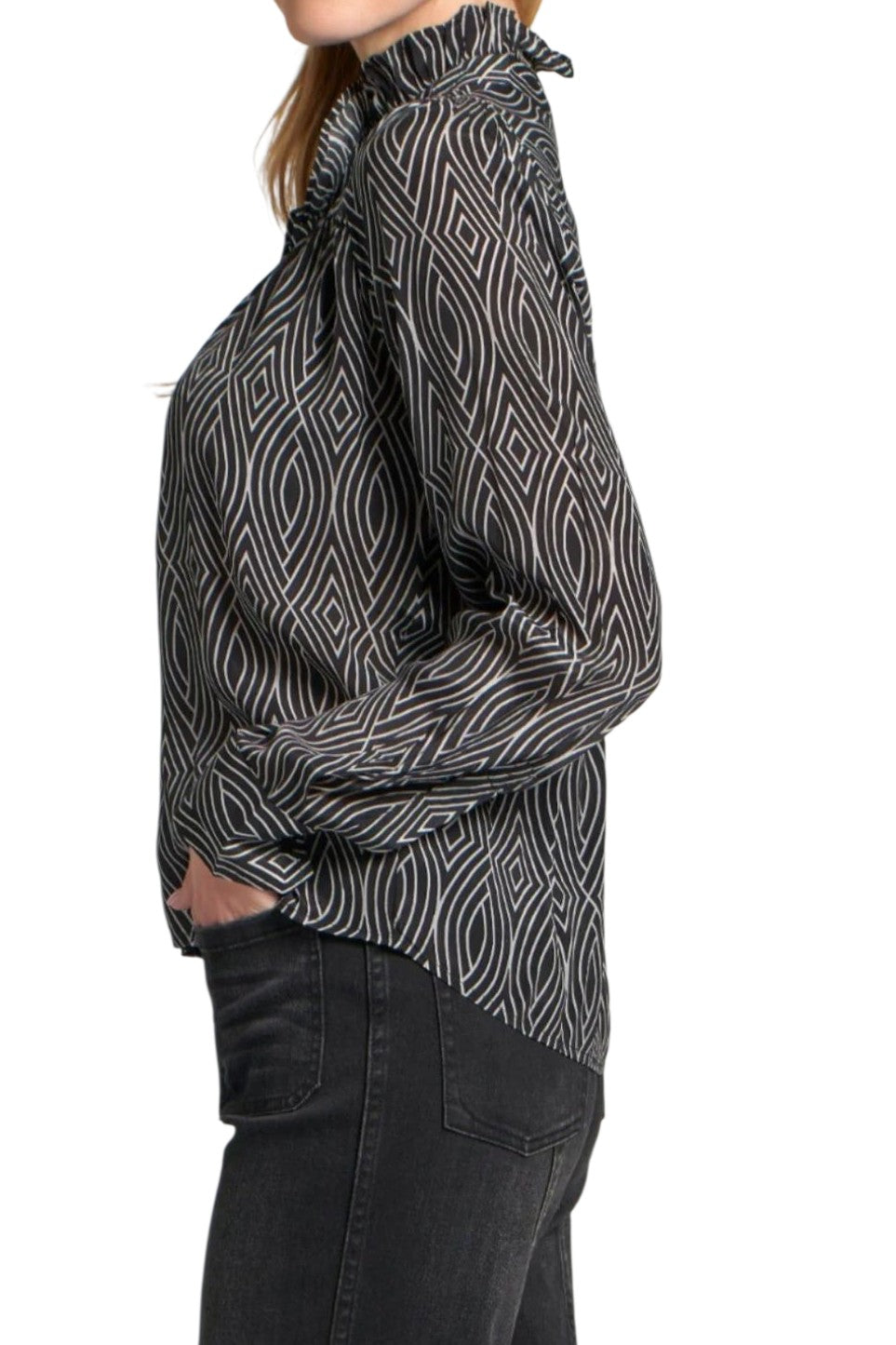 APNY Black& White Geometric Ruffle Half Placket Blouse