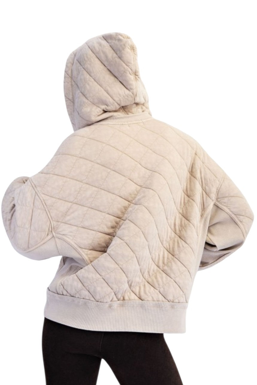 Beige Quilted Mineral Wash Quarter Zip Hoodie