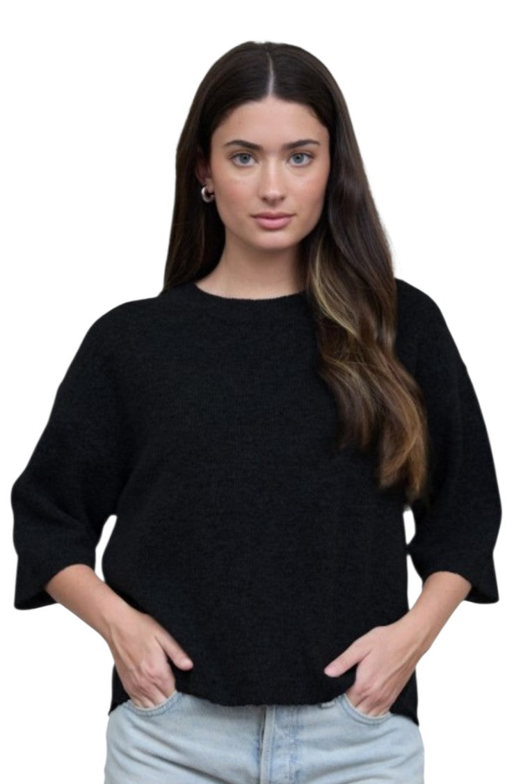 Black Crew Neck Short Sleeve Relaxed Knit Sweater