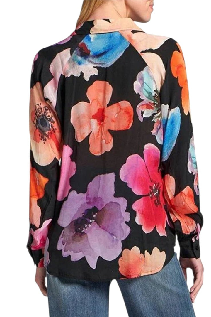 APNY Bright Pink Bold Floral Half Placket Pullover Blouse
