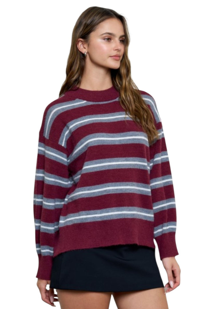 Burgundy & Grey Stripe Crew Neck Relaxed Knit Sweater