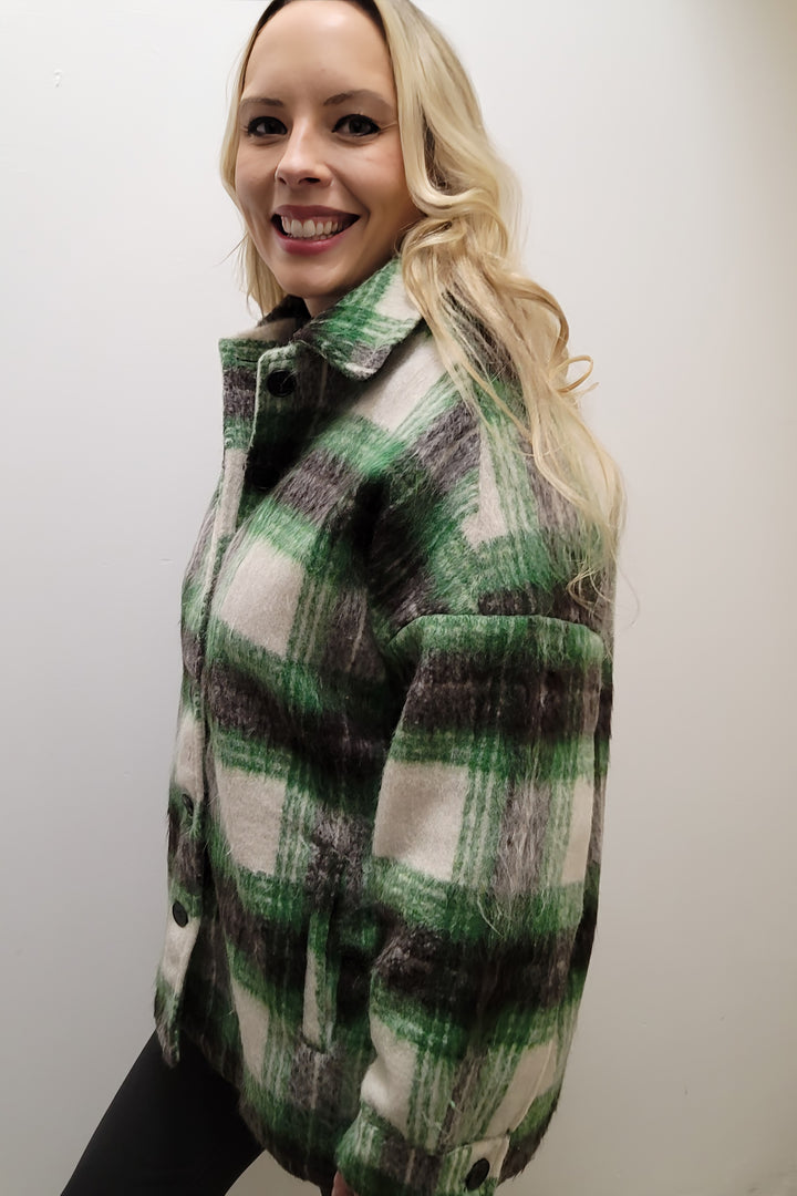 Green Plaid Button Down Shacket