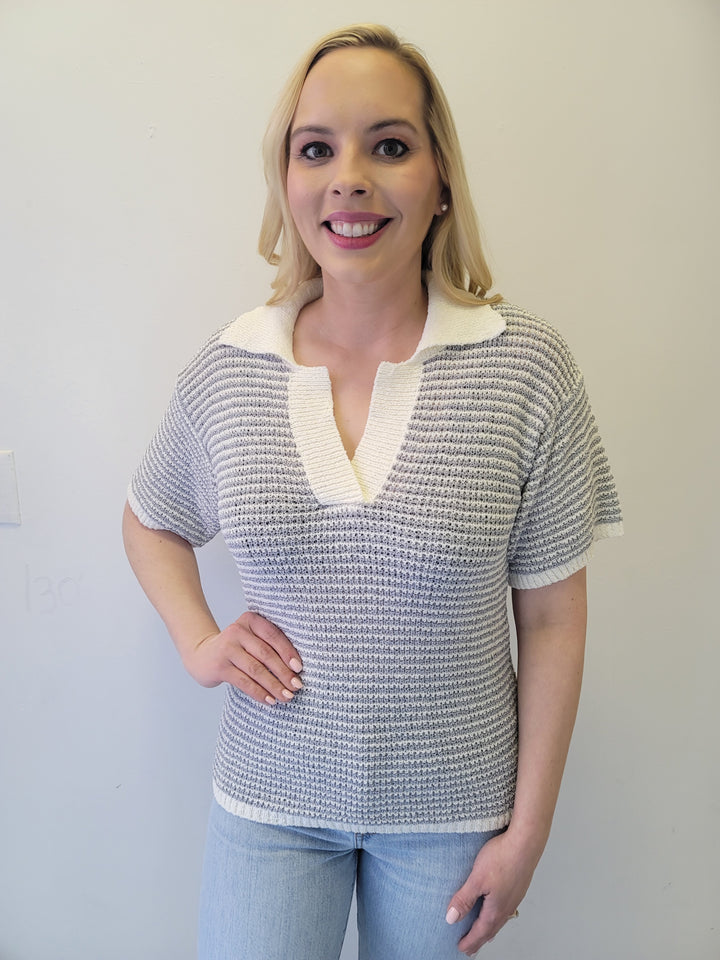 Dusty Blue Striped Boucle Lightweight Collared Polo Top Sweater