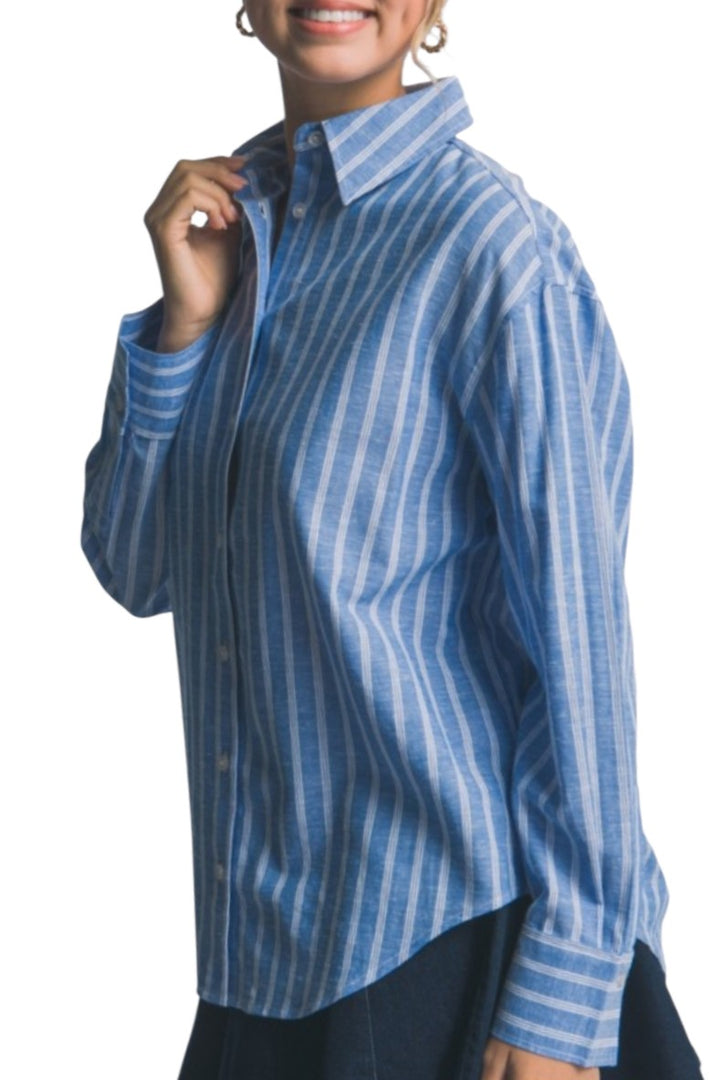 Blue Stripe Oversized Button Down Long Sleeve Shirt