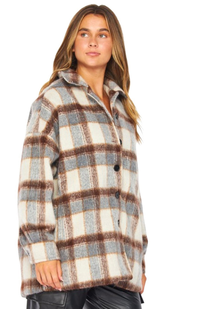 Brown & Grey Plaid Button Down Shacket
