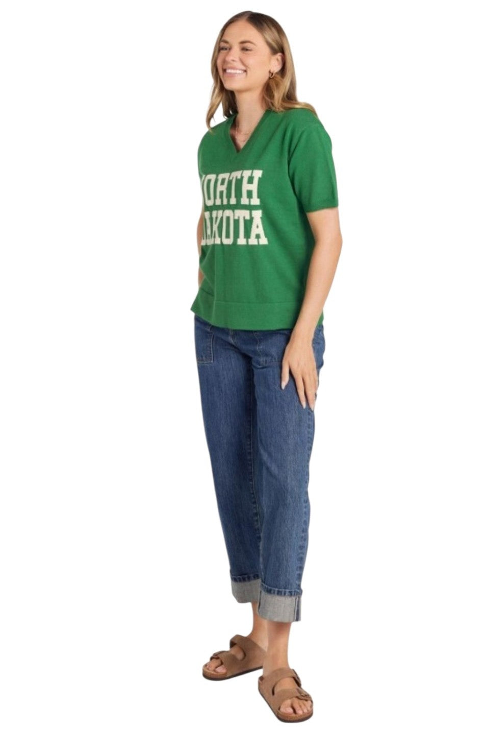 North Dakota Green Knit V Neck SS Sweater