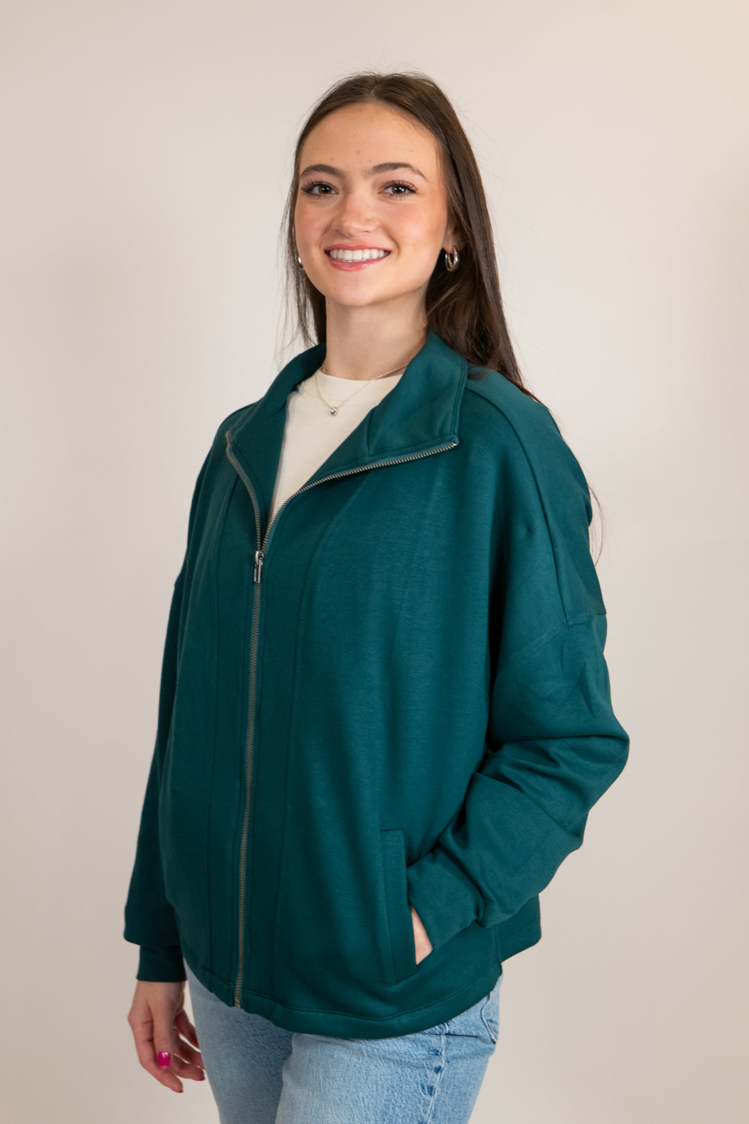 Dark Green Casual Zip-Up Jacket