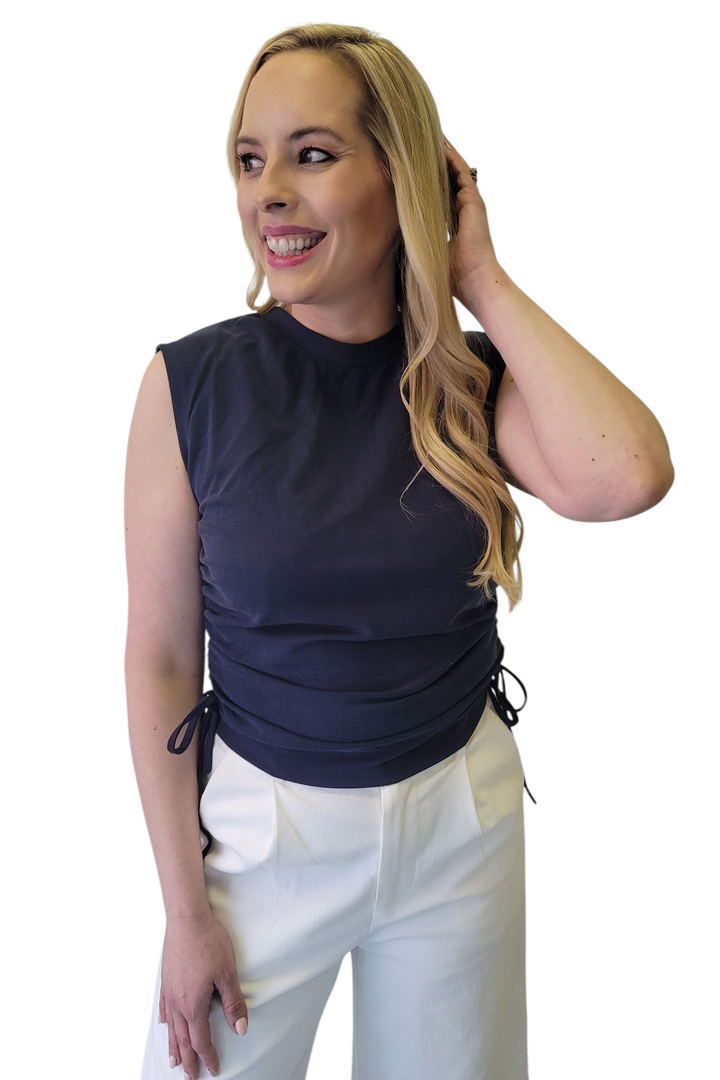 Navy Ruched Side Tie Tank Top