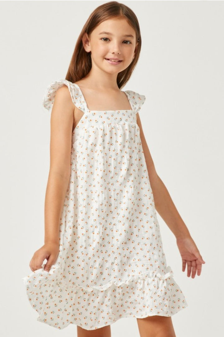 Girls Orange Floral Flutter Shoulder Ruffle Hem Dress