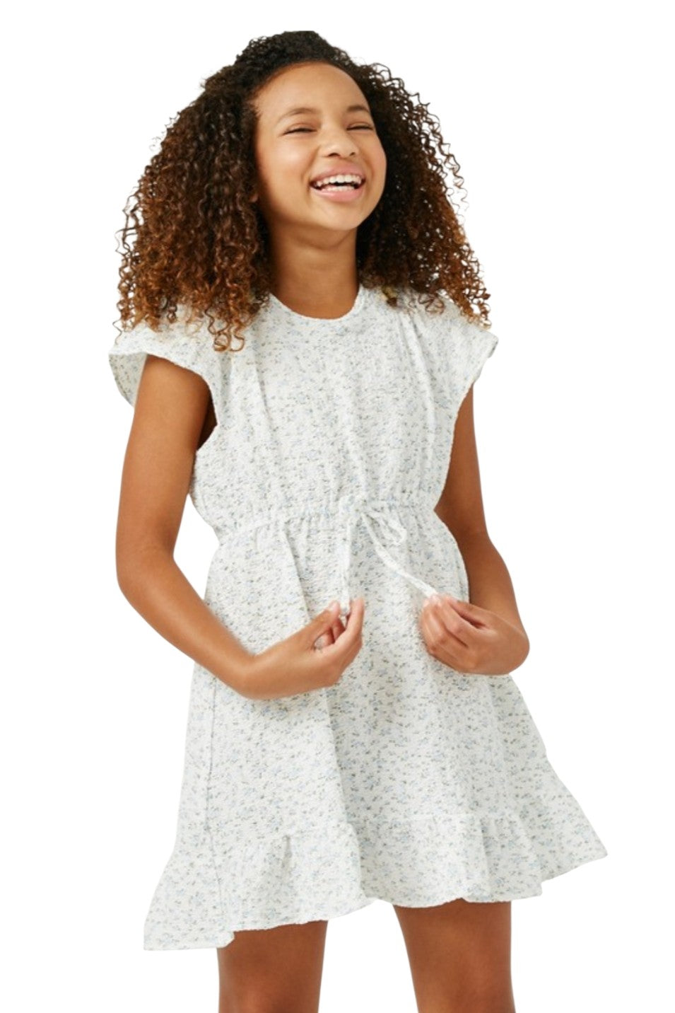 Girls Cream & Blue Floral Ruffle Mini Dress
